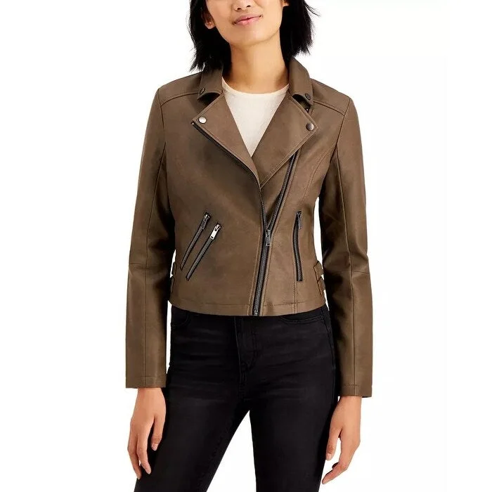 Leisure Sports Coffeeshop Junior's Faux Leather Moto Jacket Beige Size Small