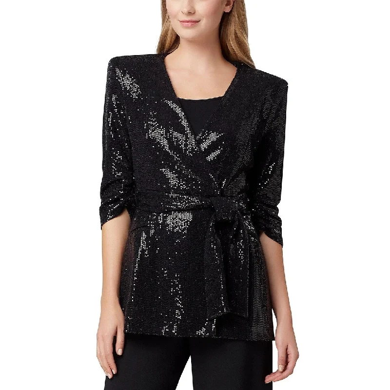 Easygoing Style Tahari ASL Women's Shiny Belted Jacket Black Size X-Large