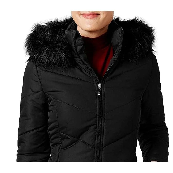 Classic Style Maralyn & Me Women's Juniors' Hooded Faux-Faux-Trim Puffer Coat Black Size Extra Small