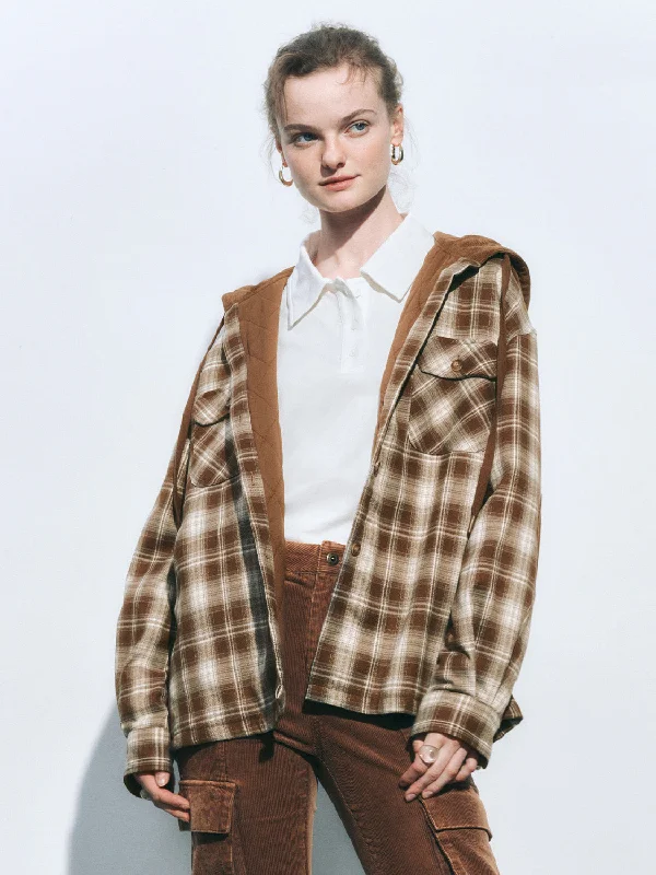 Fresh Comfort Hoodie Button Up Plaid Padded Coats