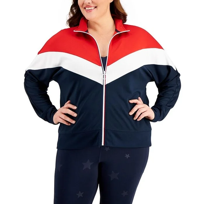 Floral Prints Id Ideology Women's Olympics Colorblock Zip Front Jacket Blue Size 3X