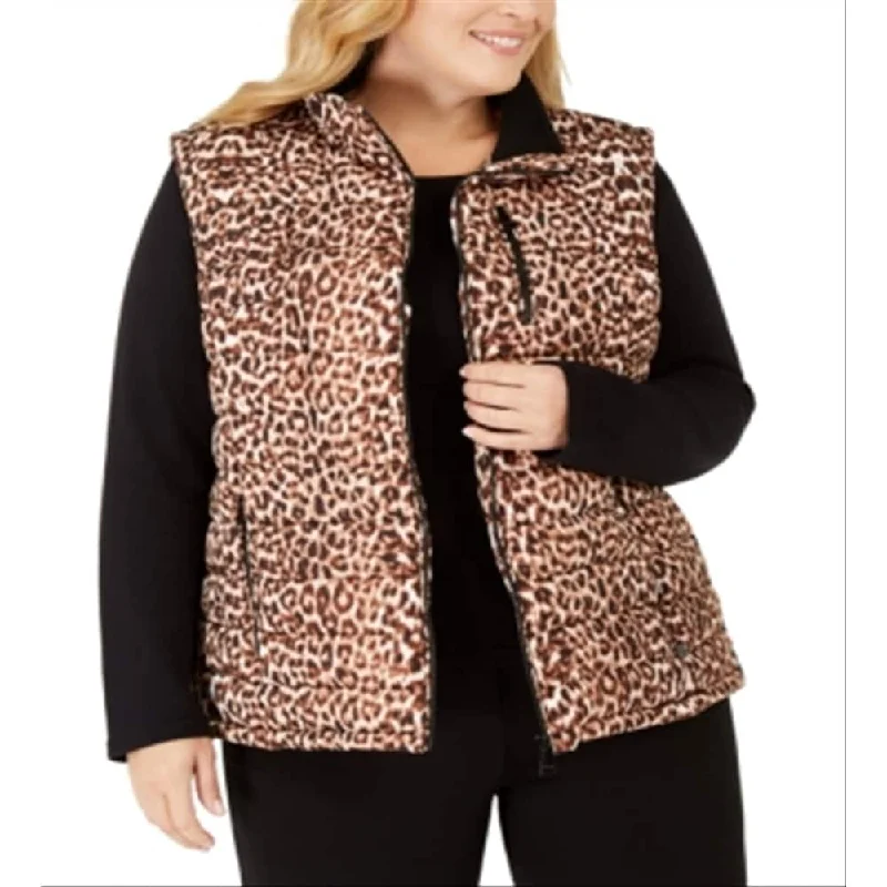 Retro Woolen Jacket Calvin Klein Women's Leopard Print Puffer Vest Brown Size 1X