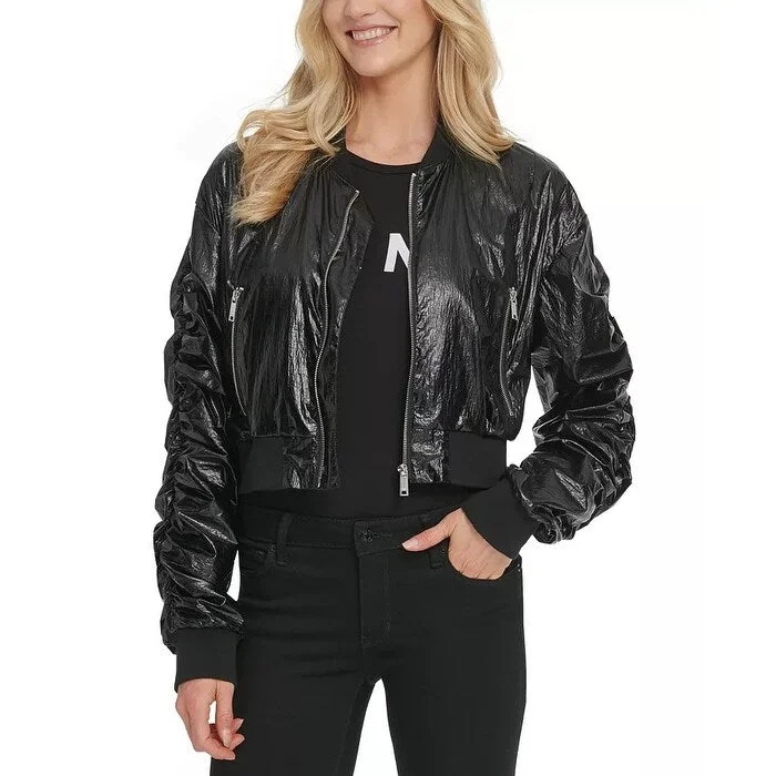 Body Design DKNY Women's Cropped Bomber Jacket Black Size Medium