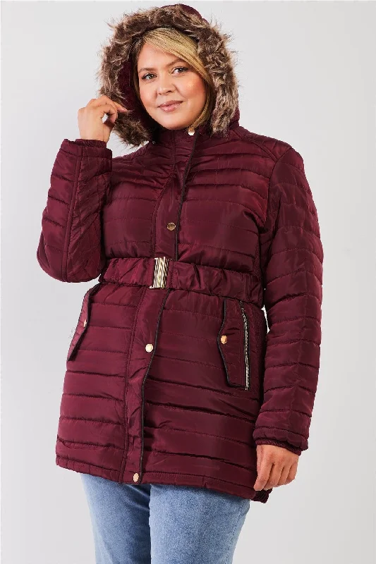 Street Cool Junior Plus Wine Parallel Quilt Faux Fur Hood Belted Padded Long Puffer Jacket