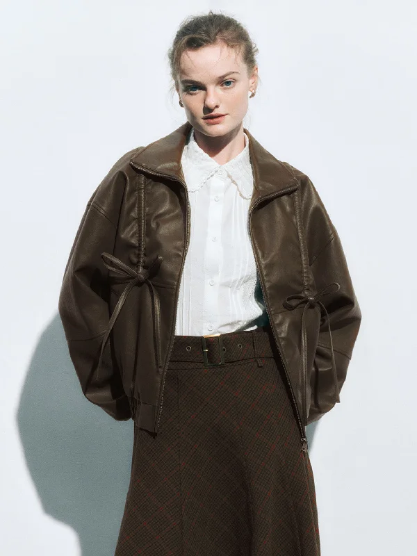 Chic Lounge Bow Decor Leather Jackets