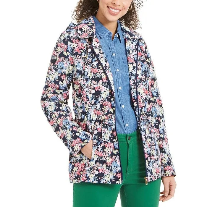 Lounge Wear Charter Club Women's Floral-Print Hooded Utility Jacket Blue Size Medium