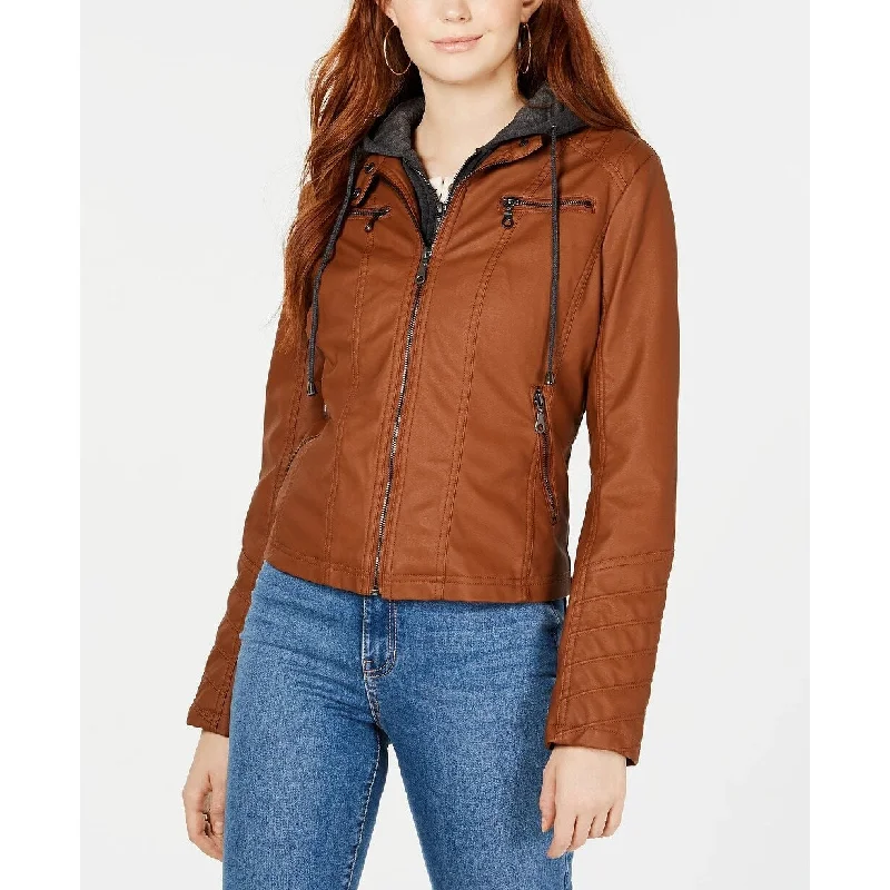 Lace Design Maralyn & Me Junior's Hoodie Faux Leather Moto Jacket Brown Size Medium