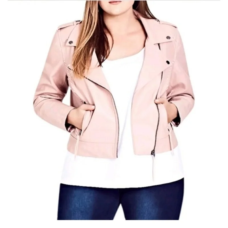 Trendy And Casual City ChicWomen's Trendy Plus Cropped Faux Leather Moto Jacket Pink Size L
