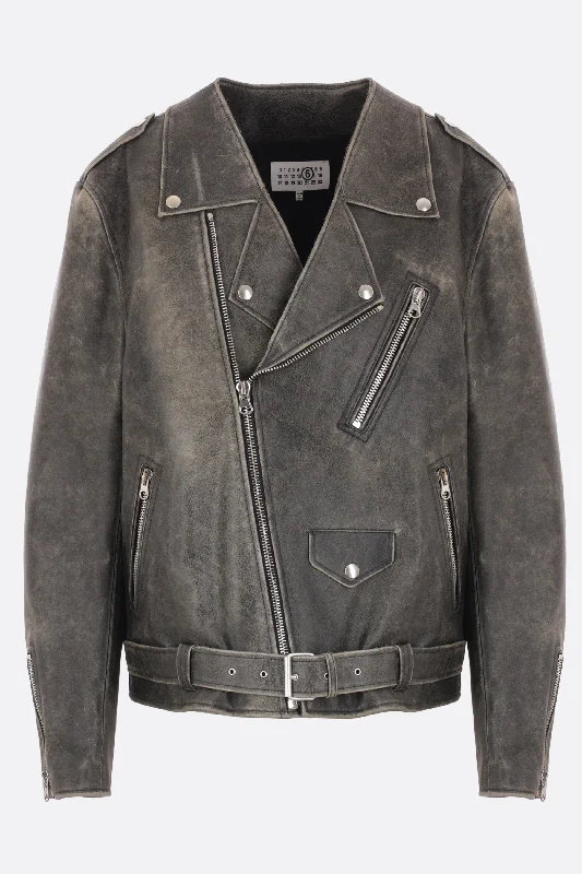 European And American Style vintage leather oversize biker jacket