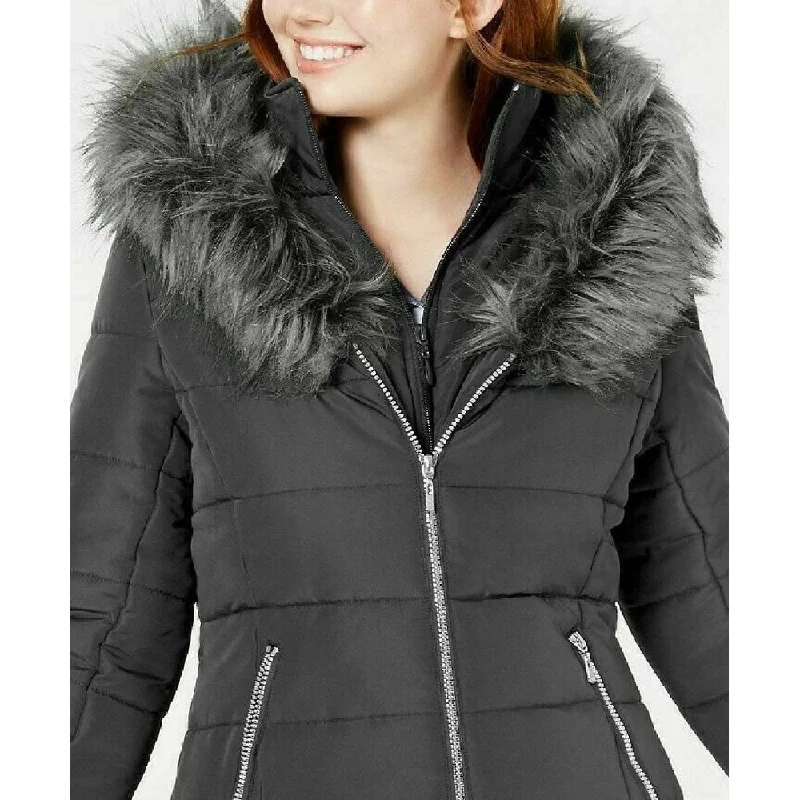 Tropical Style Maralyn & Me Women's Hooded Faux-Faux-Trim Puffer Coat Charcoal Size Extra Small