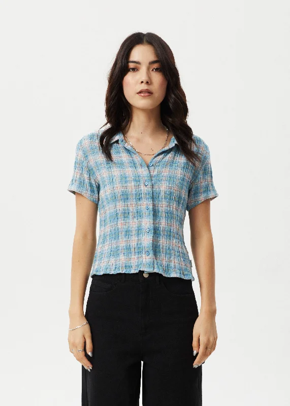 Classic Color AFENDS Womens Position - Seersucker Check Short Sleeve Shirt - Lake Check