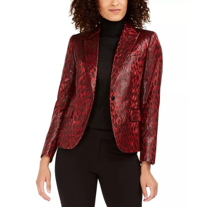 Simple Design Anne Klein Women's Metallic Jacquard Cotton Blend Jacket Red Size 10