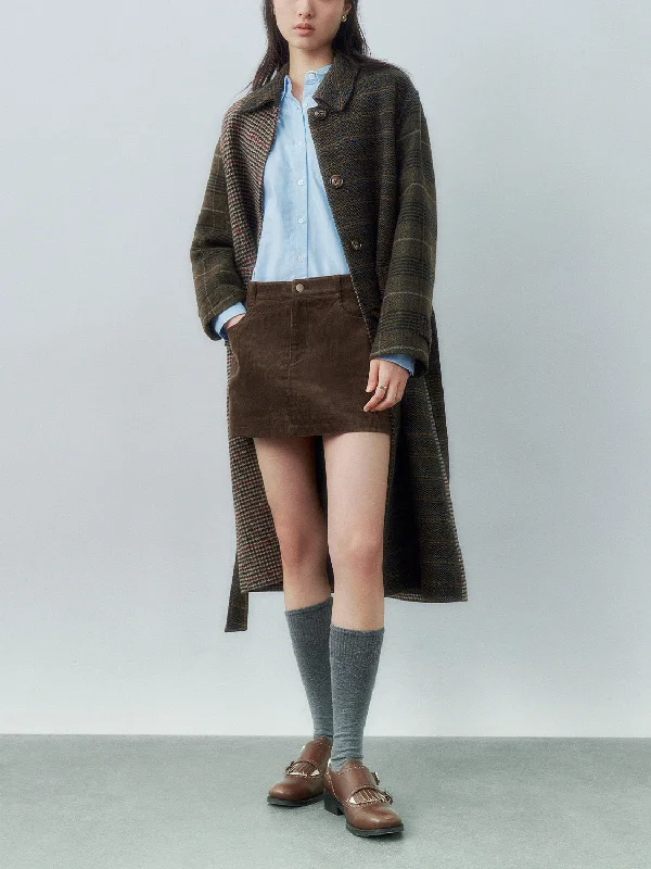 Playful Style Belted Maxi Plaid Loose Coats