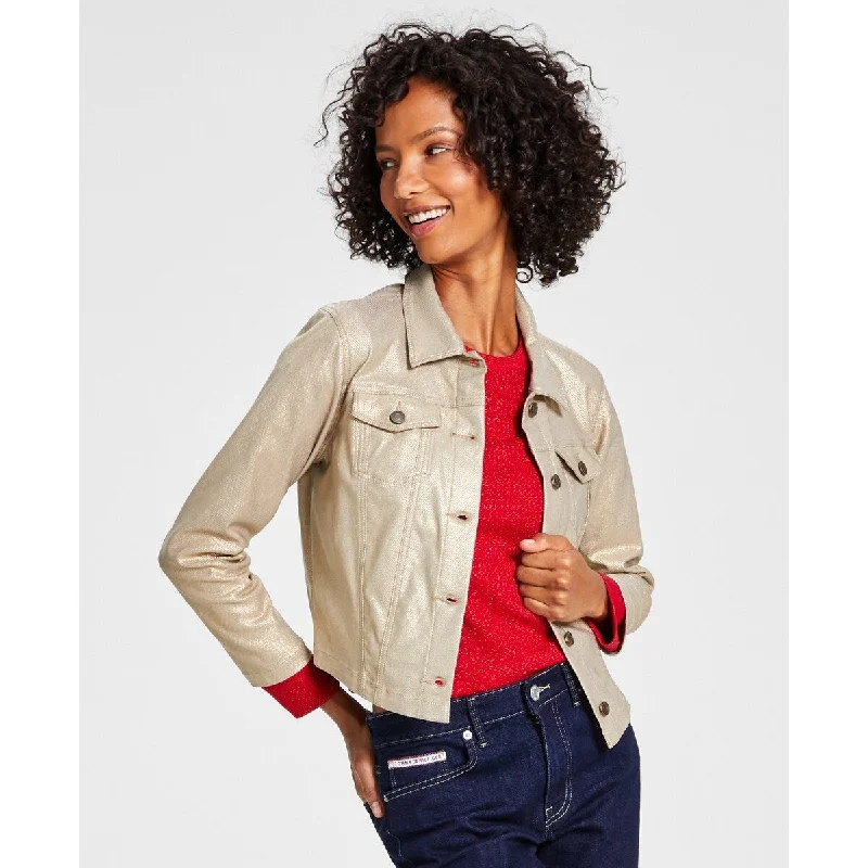Retro Style Tommy Hilfiger Women's Foil Cropped Trucker Jacket Yellow Size X-Large