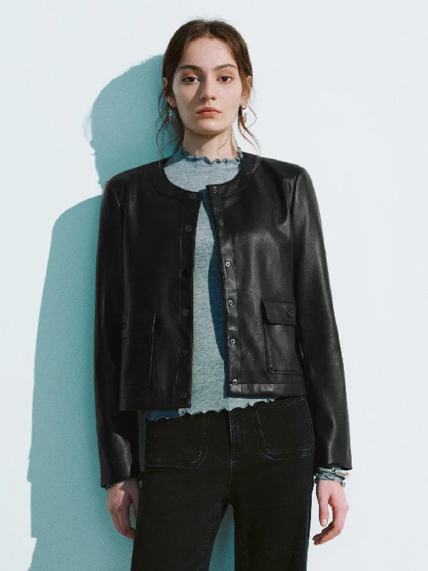 Daily Comfort Crew Neck Vegan Leather Jacket