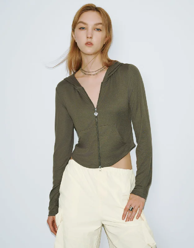 Comfortable And Simple Zipper Front Hooded Knitted Jacket