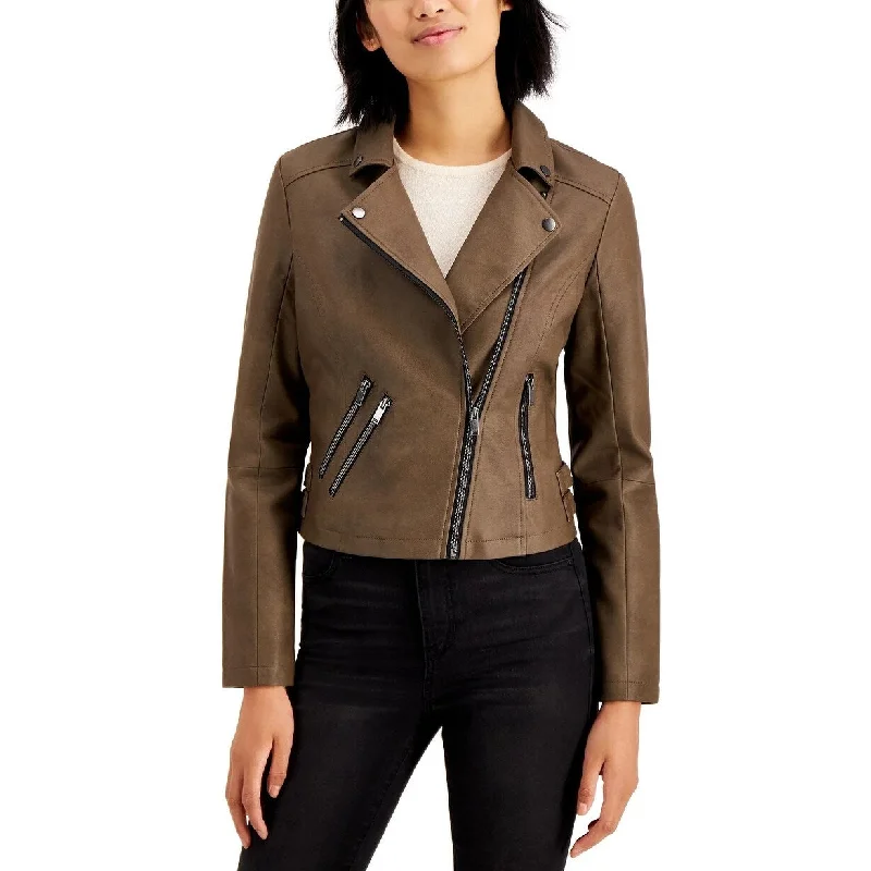 Exquisite Details Coffeeshop Junior's Faux Leather Moto Jacket Beige Size Medium