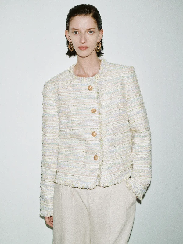 Printed Patterns Raw Hem Straight Tweed Jacket