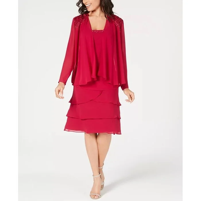 Sports Trend SL Women's Fashions Embellished Tiered-Hem Dress & Jacket Dark Red Size 18