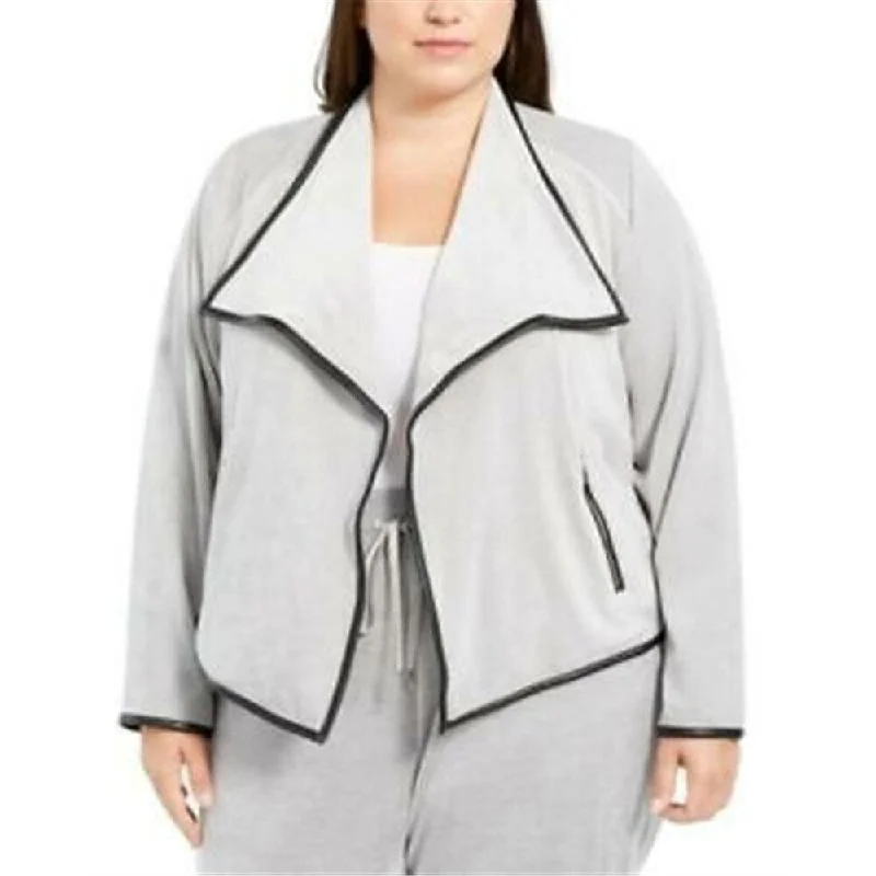 Soft And Comfortable Calvin Klein Women's Plus Contrast-Trim Flyaway Jacket Grey Size 1X