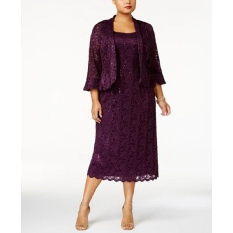 Free And Comfortable R & M Richards Women's Lace Dress & Ruffled Jacket Purple Size 14