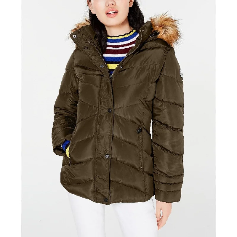 Fresh And Capable Madden Girl Juniors' Hooded Faux-Faux-Trim Puffer Coat Olive Size Medium