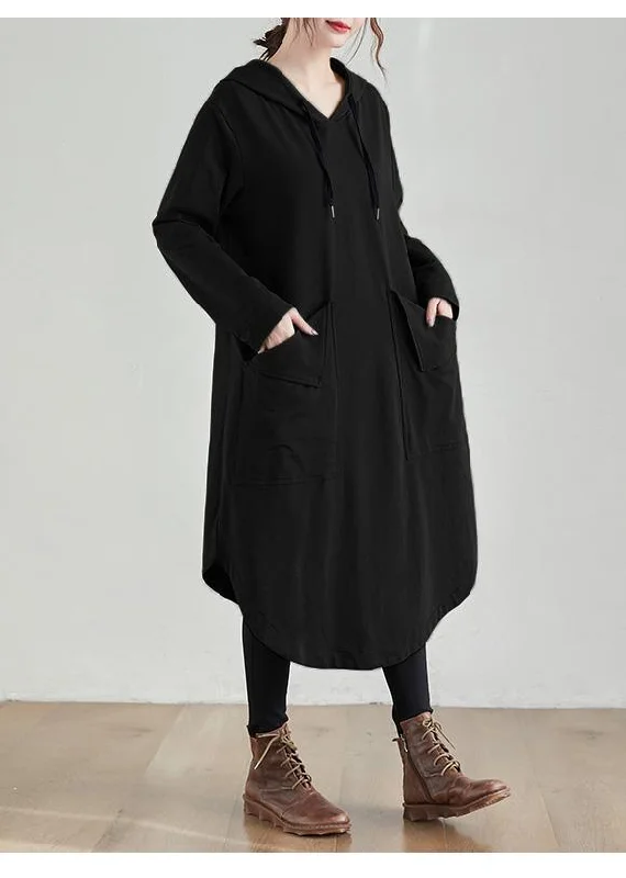 Exquisite Craftsmanship Organic Black Tunic Pattern Hooded Asymmetric Robe Spring Dresses
