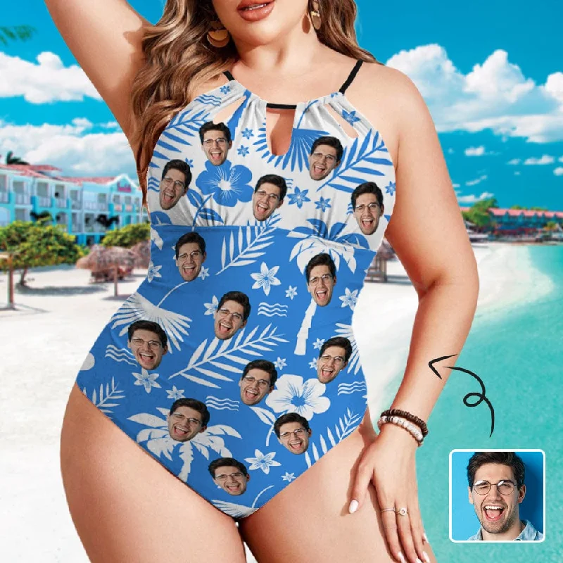 Simple Elegance Custom Face Blue Swimsuit Personalized Women's One Piece Backless Tie Swimsuit Face Bathing Suit