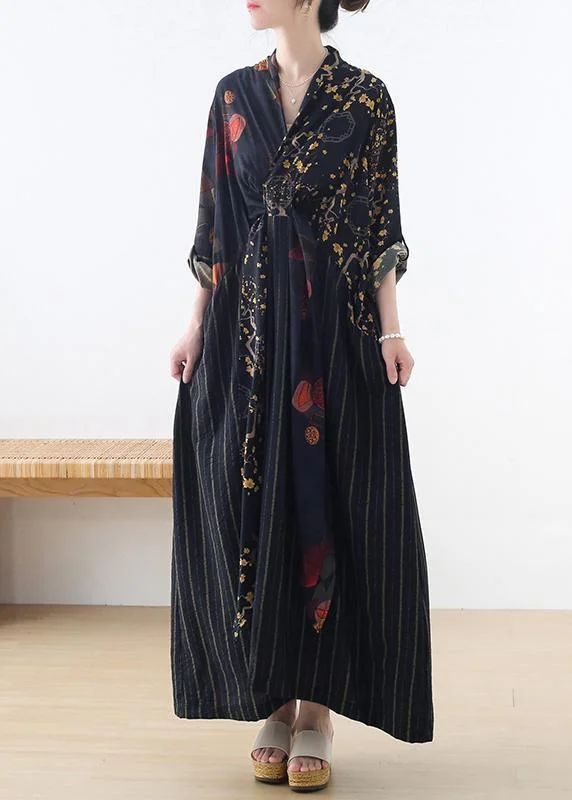 Fashion And Simplicity Organic Blue Print Patchwork Cotton Linen Long Dresses Summer