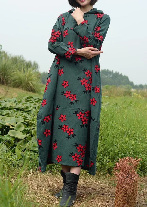 Hip-hop Style Natural Hooded Spring Clothes For Women Catwalk Green Embroidery Dresses