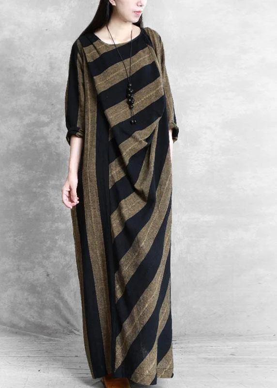 Warm Atmosphere Plus Size Khaki Asymmetrical Design Striped Fall Maxi Dresses Long Sleeve