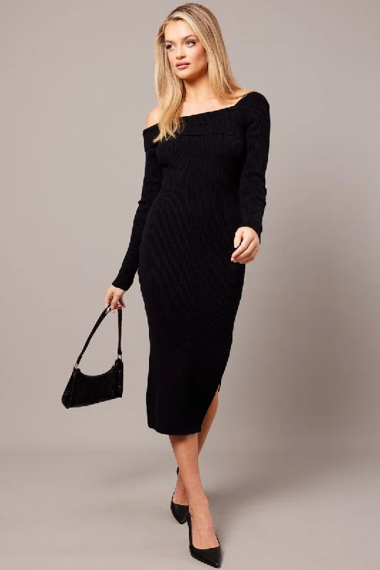 Simple Style Black Knit Dress Long Sleeve