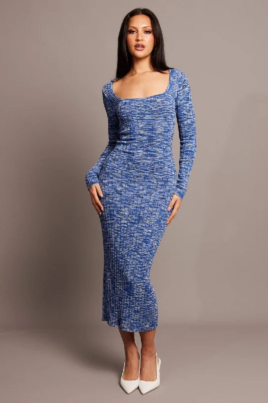 Exclusive Customization Blue Knit Dress Long Sleeve Space Dye