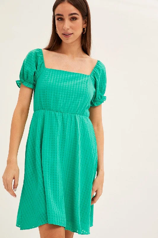 High-quality Design Green Square Neck Puff Sleeve Skater Dress