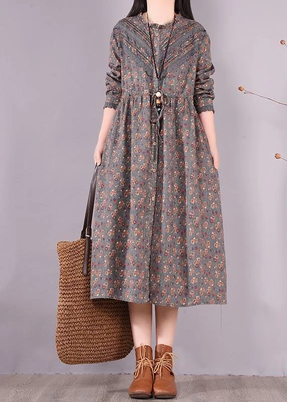 Trendy Comfort Organic O Neck Patchwork Spring Tunic Pattern Shirts Gray Print Maxi Dresses
