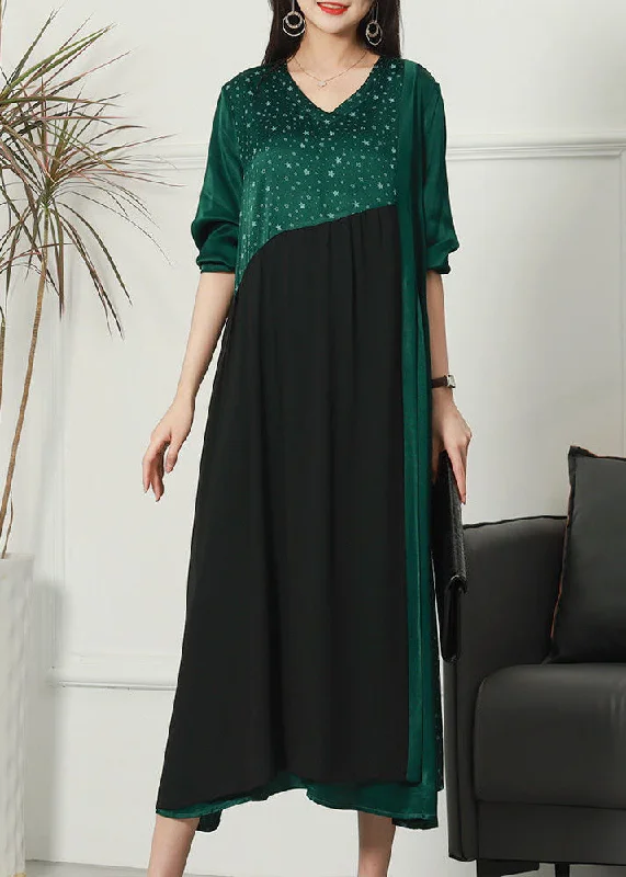 Everyday Comfort Natural Green V Neck Print Patchwork Wrinkled Silk Dresses Spring