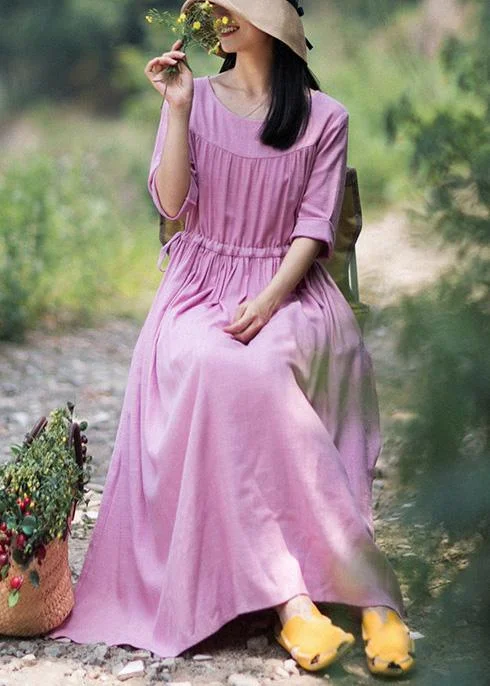 Classic Choice Organic Pink Clothes For Women O Neck Drawstring Summer Dresses