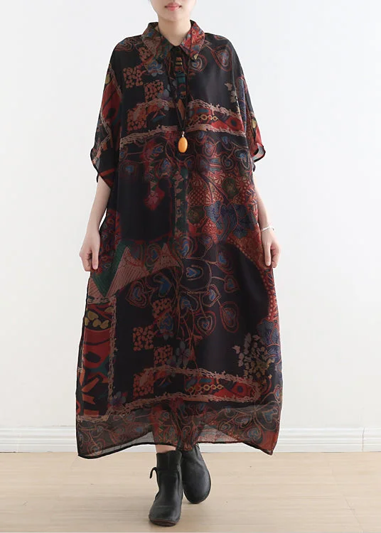 Celebrity Style Plus Size Black Orange Peter Pan Collar Draping Print Chiffon Dresses Batwing Sleeve