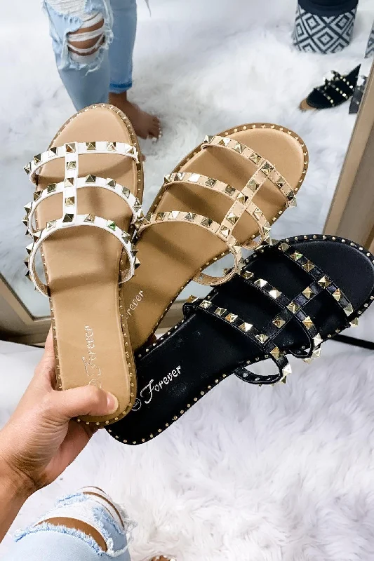 Smart Comfort Eyes On The Prize- {Taupe, White & Black} Sandals w/ Gold Studs