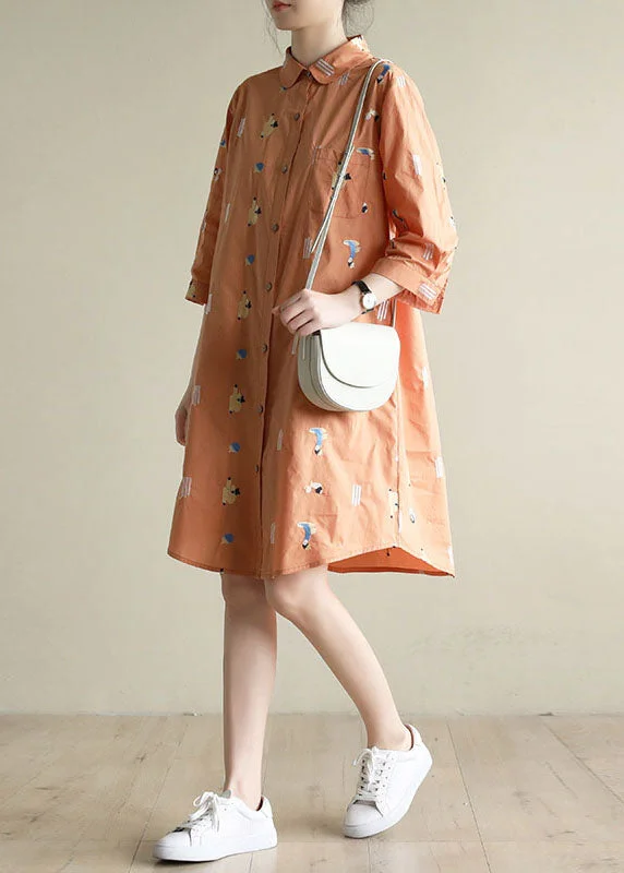 British casual Plus Size Orange Peter Pan Collar Embroideried Cotton Shirt Dresses Bracelet Sleeve