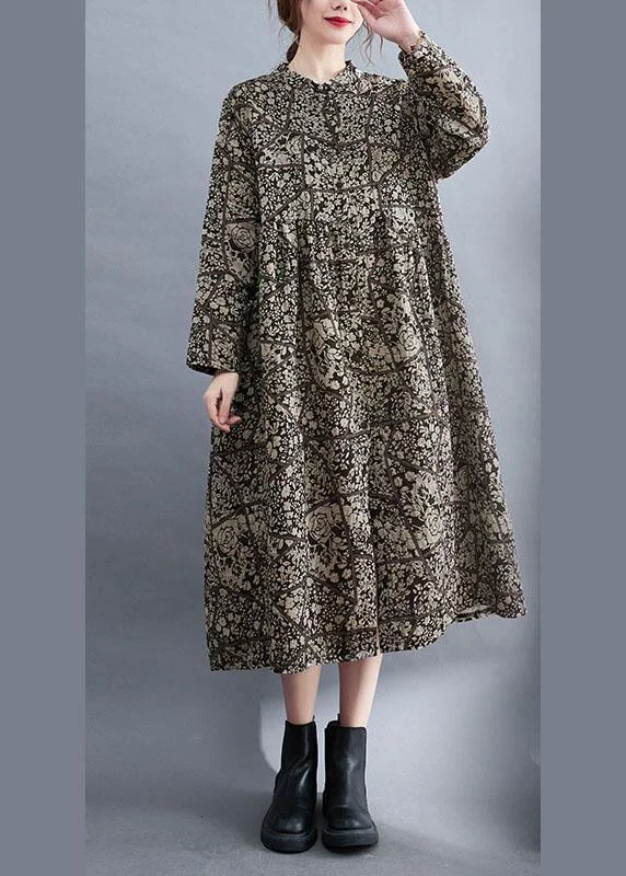 Fashion Style Plus Size Stand Collar Button Print Patchwork Fall Maxi Dresses Long sleeve