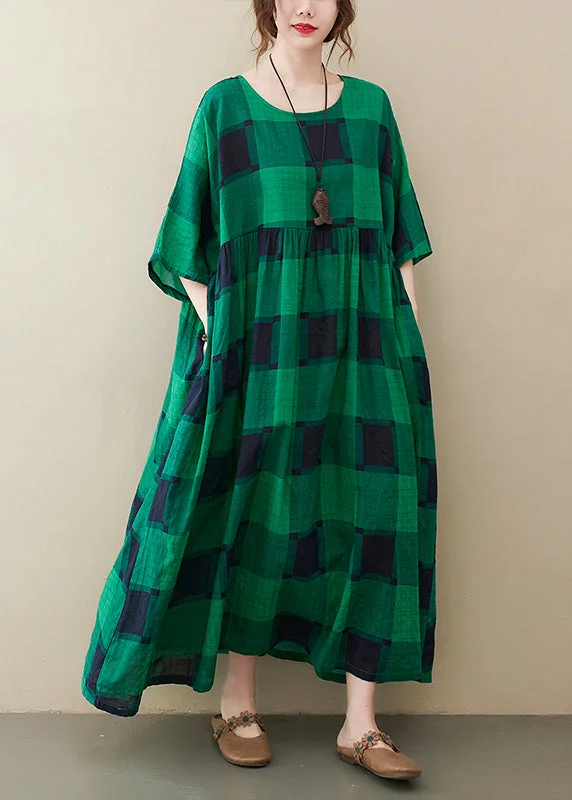 Unique Design Plus Size Green Plaid O-Neck Pockets wrinkled Long Dresses Half Sleeve