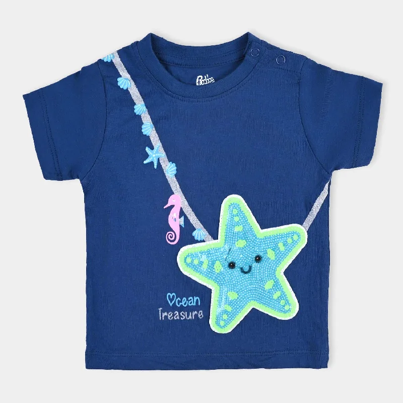 Street Letter Style Infant Girls Cotton Jersey T-Shirt Treasure Ocean-Navy Peony