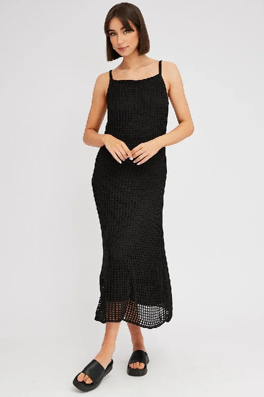 Street Casual Style Black Knit Dress Sleeveless Maxi Crochet