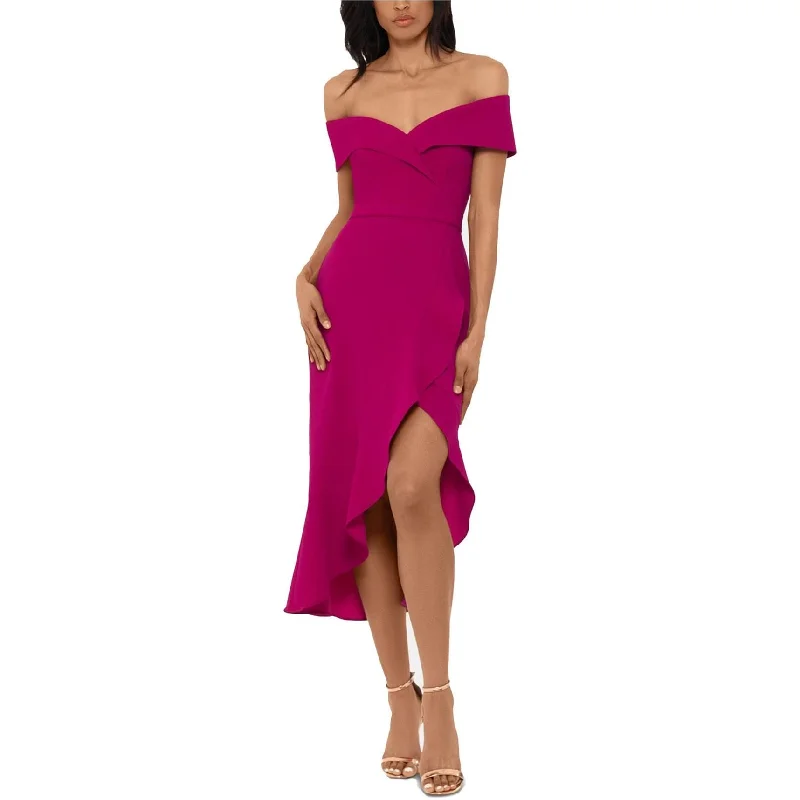 Chic Comfort XSCAPE Womens Ruffle Flounce Midi Dress, Purple, 4