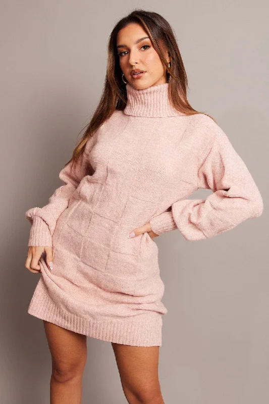 Urban Design Sense Pink Knit Dress Long Sleeve Turtle Neck