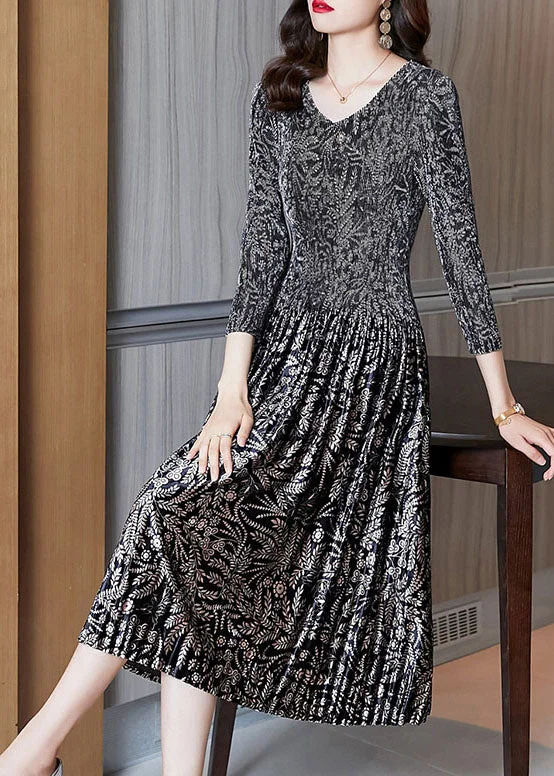 Minimalism Plus Size V Neck Print Velour Dresses Spring