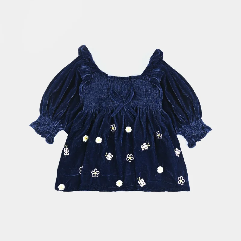 Classic Design Infant Girls Velvet EMB Top Butterfly Garden-Navy Blue