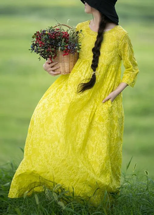 Elegant Comfort Organic O Neck Cinched Long Shirts Lnspiration Yellow Print Kaftan Dresses