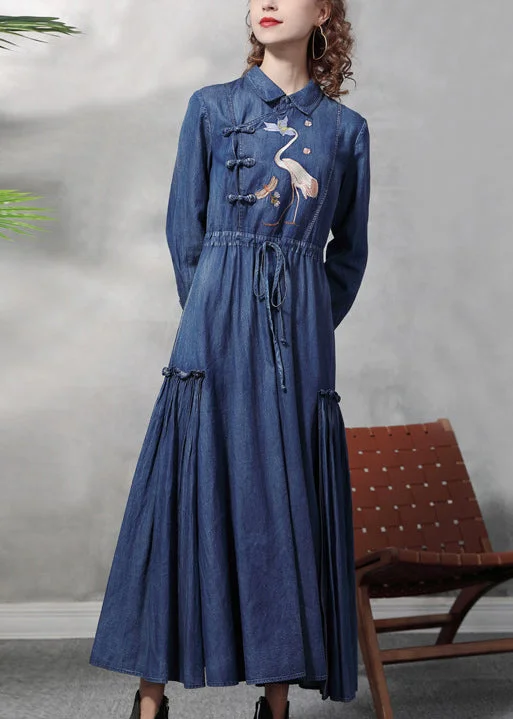 Wandering freely Plus Size Denim Blue Peter Pan Collar Embroideried Ruffled Drawstring Cotton Oriental Dresses Long Sleeve